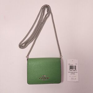 NWTCoach C0059 Mini Wallet On a Chain Soft Green Metallic Crossgrain Leather